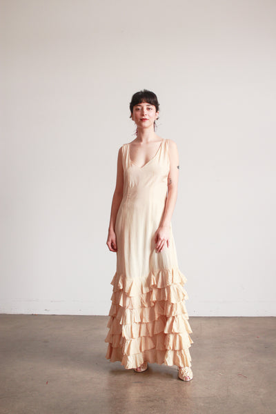 1930s Beige Rayon Sleeveless Ruffle Skirt Dress