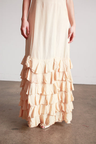 1930s Beige Rayon Sleeveless Ruffle Skirt Dress
