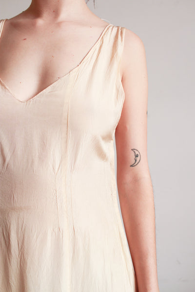 1930s Beige Rayon Sleeveless Ruffle Skirt Dress