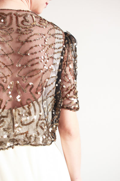 1930s Black Net Lace Sequin Bolero