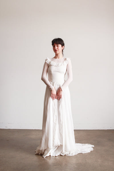 1940s Pearl White Illusion Long Sleeve Wedding Gown