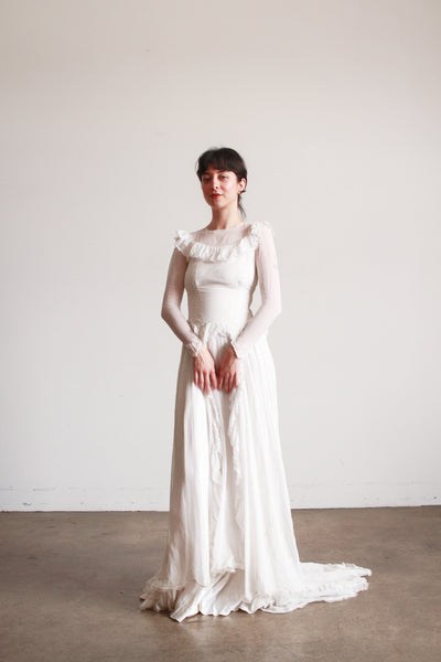 1940s Pearl White Illusion Long Sleeve Wedding Gown
