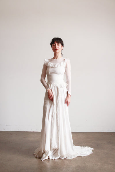 1940s Pearl White Illusion Long Sleeve Wedding Gown