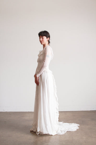 1940s Pearl White Illusion Long Sleeve Wedding Gown