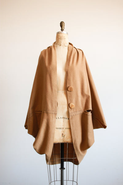 1970s Camel Wool Cocoon Draped Dolman Coat