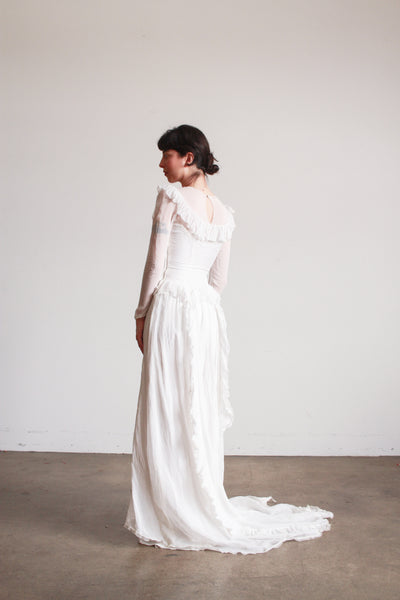 1940s Pearl White Illusion Long Sleeve Wedding Gown