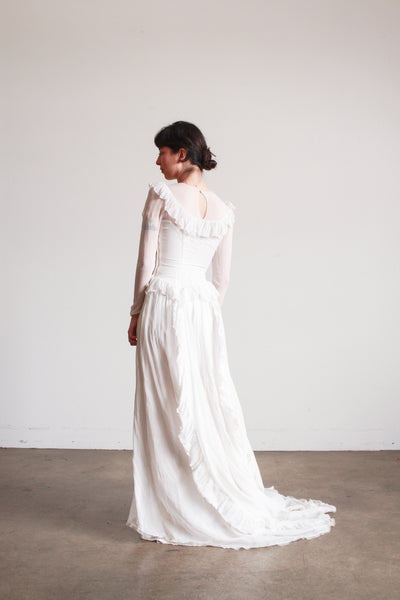 1940s Pearl White Illusion Long Sleeve Wedding Gown