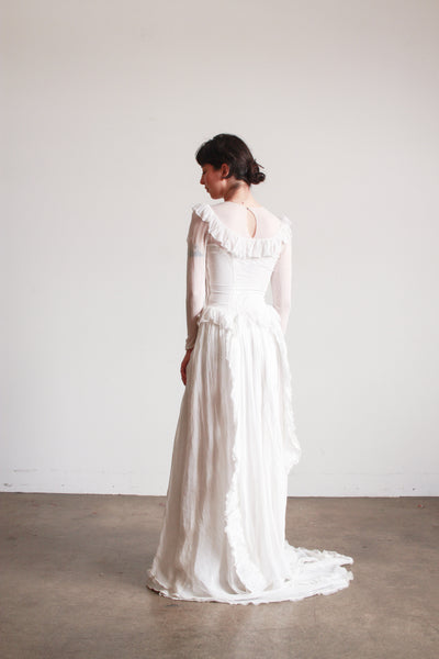 1940s Pearl White Illusion Long Sleeve Wedding Gown