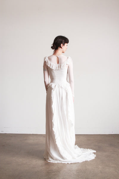 1940s Pearl White Illusion Long Sleeve Wedding Gown