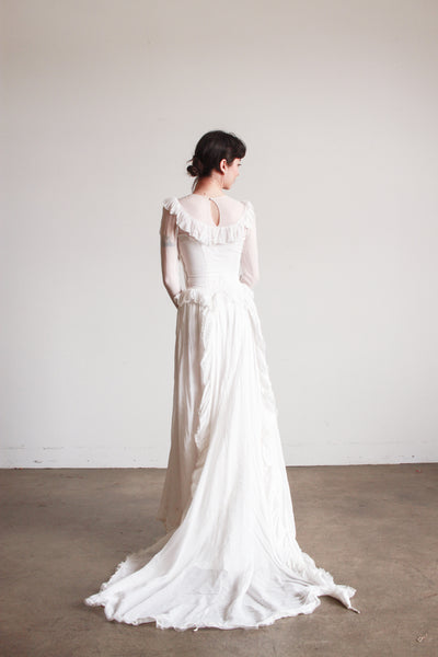 1940s Pearl White Illusion Long Sleeve Wedding Gown