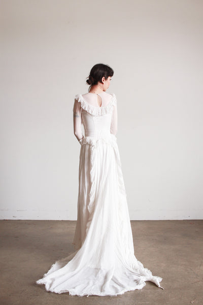 1940s Pearl White Illusion Long Sleeve Wedding Gown