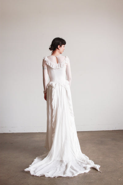 1940s Pearl White Illusion Long Sleeve Wedding Gown