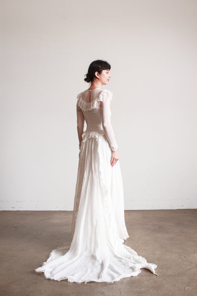 1940s Pearl White Illusion Long Sleeve Wedding Gown