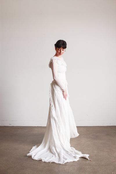 1940s Pearl White Illusion Long Sleeve Wedding Gown