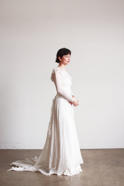 1940s Pearl White Illusion Long Sleeve Wedding Gown