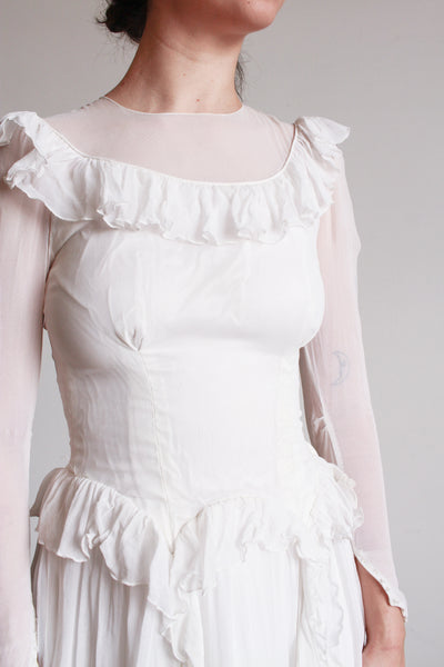 1940s Pearl White Illusion Long Sleeve Wedding Gown