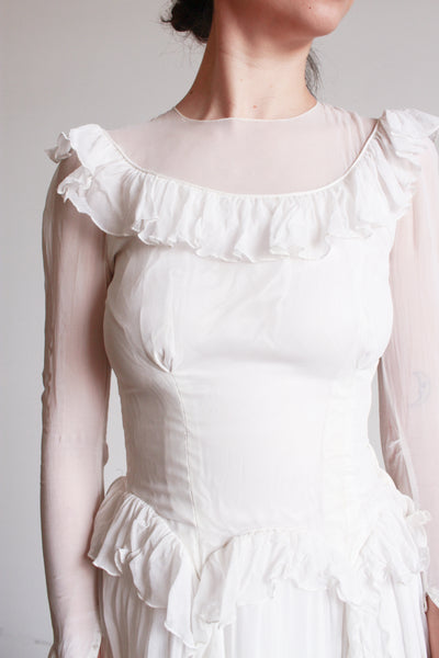 1940s Pearl White Illusion Long Sleeve Wedding Gown