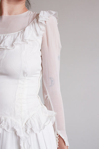 1940s Pearl White Illusion Long Sleeve Wedding Gown