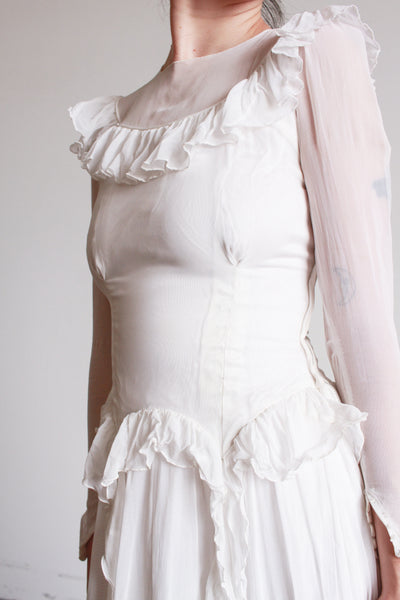 1940s Pearl White Illusion Long Sleeve Wedding Gown