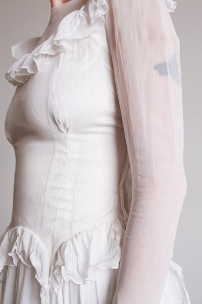 1940s Pearl White Illusion Long Sleeve Wedding Gown