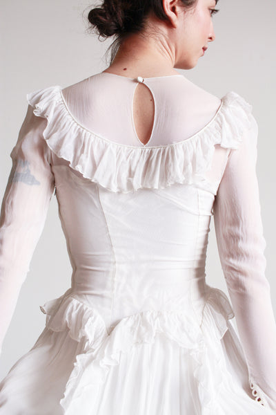 1940s Pearl White Illusion Long Sleeve Wedding Gown