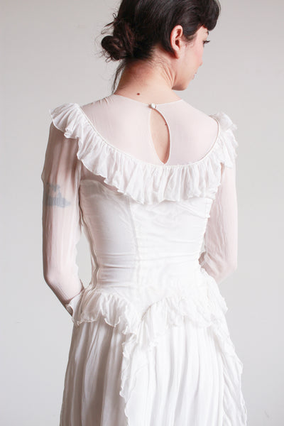 1940s Pearl White Illusion Long Sleeve Wedding Gown