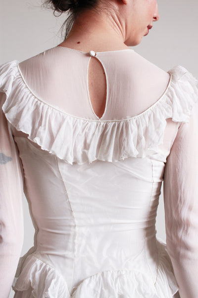 1940s Pearl White Illusion Long Sleeve Wedding Gown