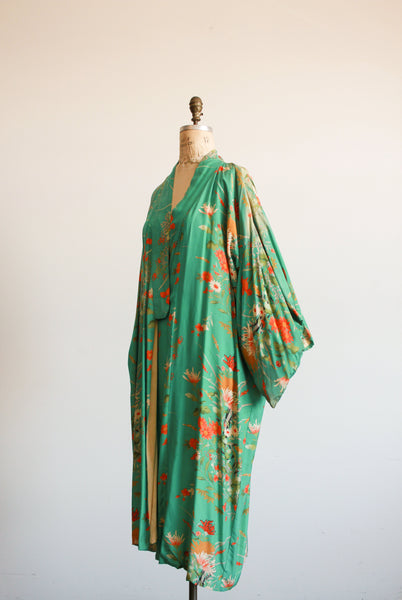 1950s Seagreen Silk Floral Kimono