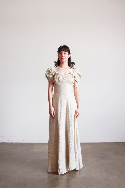 1930s Silver Jacquard Puff Sleeve Lame Dress