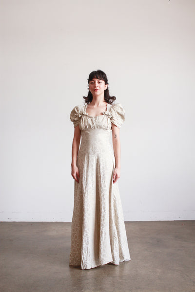 1930s Silver Jacquard Puff Sleeve Lame Dress