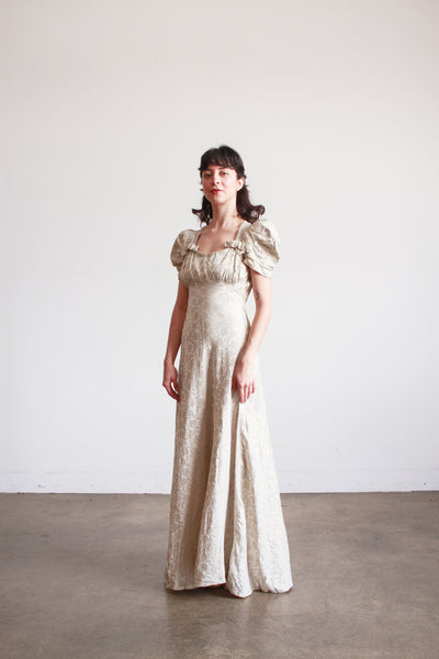 1930s Silver Jacquard Puff Sleeve Lame Dress