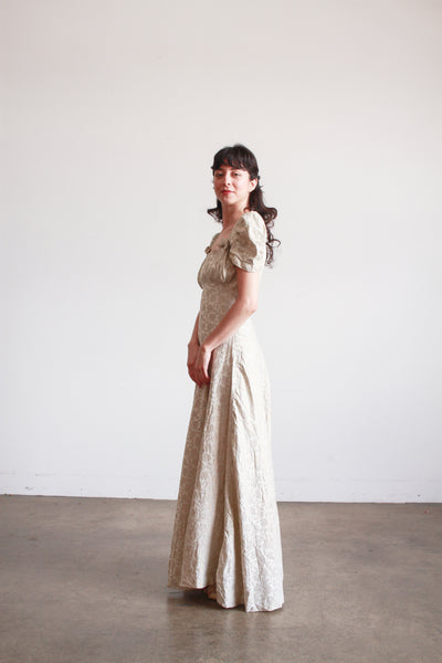 1930s Silver Jacquard Puff Sleeve Lame Dress