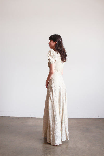 1930s Silver Jacquard Puff Sleeve Lame Dress