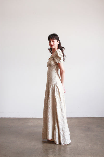 1930s Silver Jacquard Puff Sleeve Lame Dress