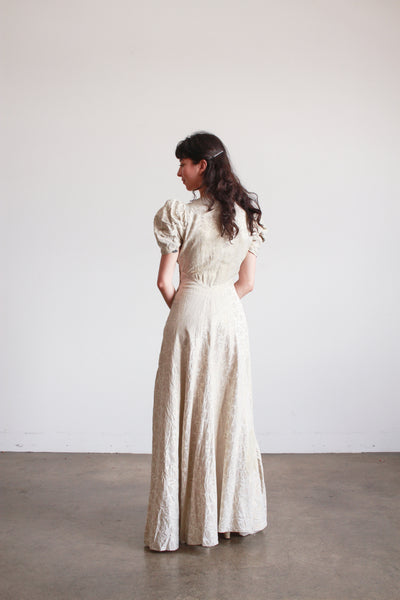 1930s Silver Jacquard Puff Sleeve Lame Dress