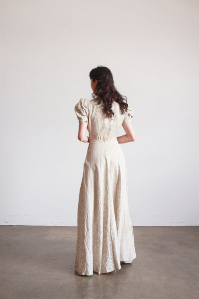 1930s Silver Jacquard Puff Sleeve Lame Dress
