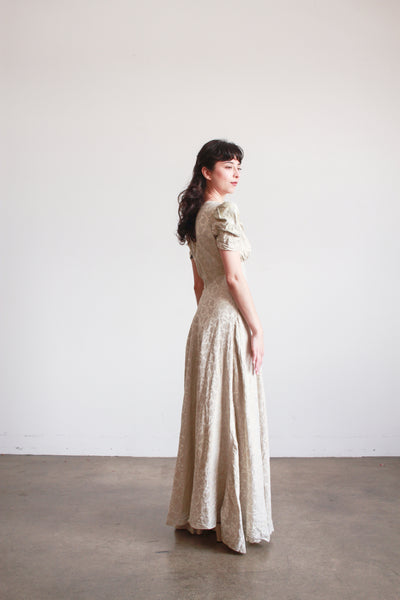 1930s Silver Jacquard Puff Sleeve Lame Dress