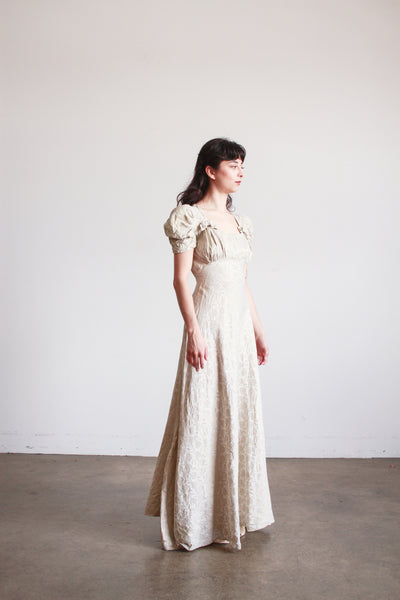 1930s Silver Jacquard Puff Sleeve Lame Dress