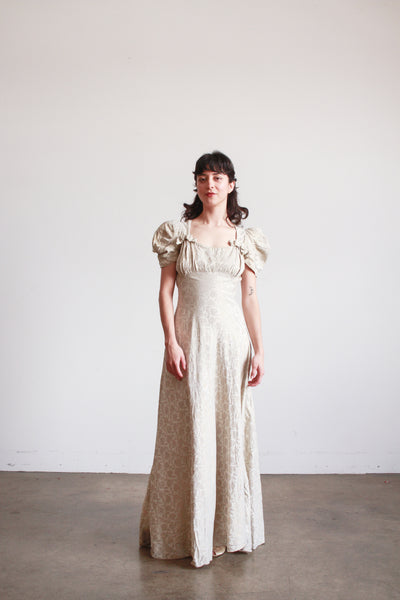 1930s Silver Jacquard Puff Sleeve Lame Dress