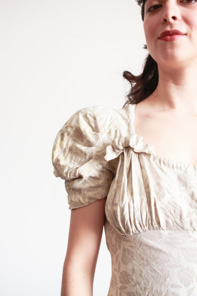 1930s Silver Jacquard Puff Sleeve Lame Dress