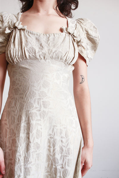 1930s Silver Jacquard Puff Sleeve Lame Dress