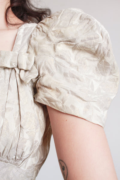 1930s Silver Jacquard Puff Sleeve Lame Dress