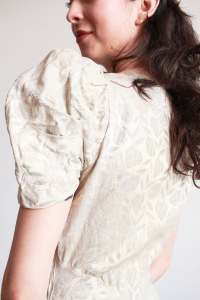 1930s Silver Jacquard Puff Sleeve Lame Dress