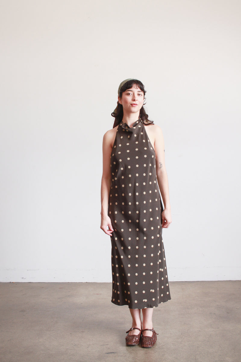 Banana Republic Charcoal Brown Polka Dot Silk Halter Dress – Blossom Vintage