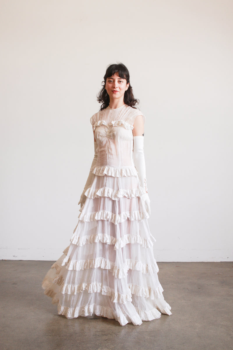 1930s White Cotton Voile Tiered Lace Ruffle Dress Blossom Vintage 1930s White Cotton Voile Tiered Lace Ruffle Dress Blossom Vintage