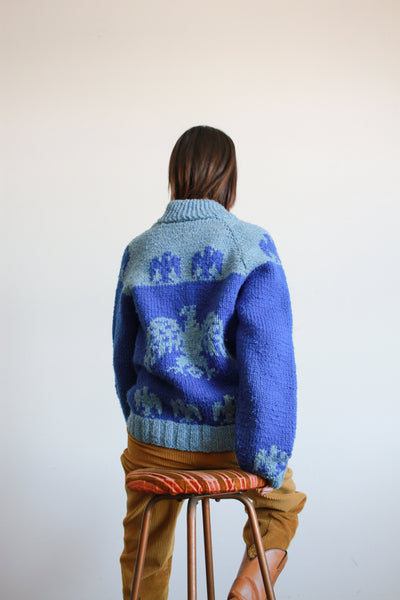1950s Cobalt Blue Cowichan Knit Zip Sweater