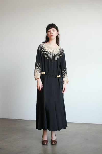 1920s Black Rayon Embellished Drop Waist Dress
