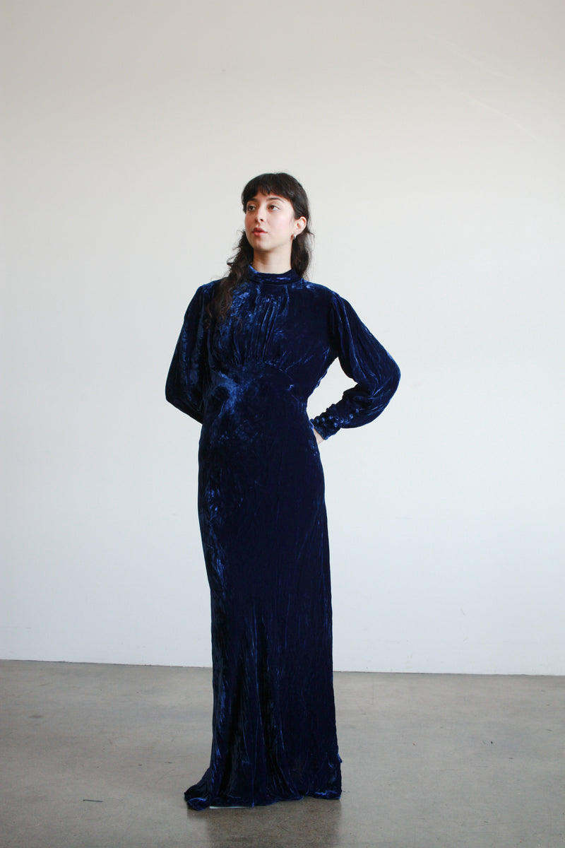 1930s Sapphire Blue Silk Velvet Gown