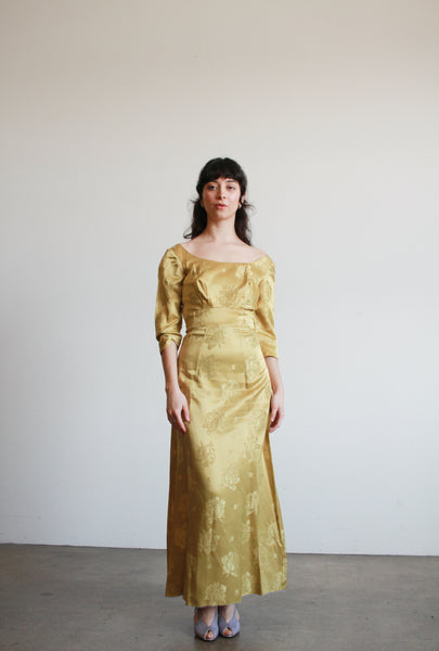 1950s Yellow Gold Damask Silk Dress