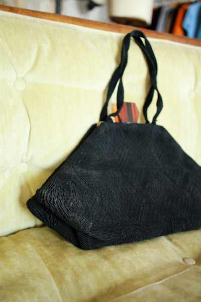 1930s Black Woven Embroidered Geometric Purse
